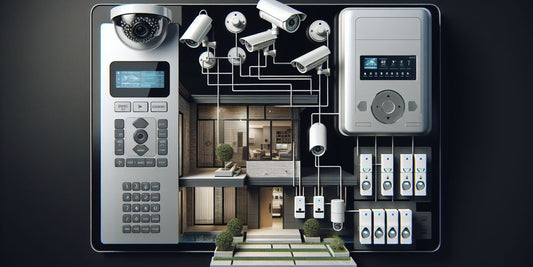 modern home security system with surveillance cameras and alarm keypad