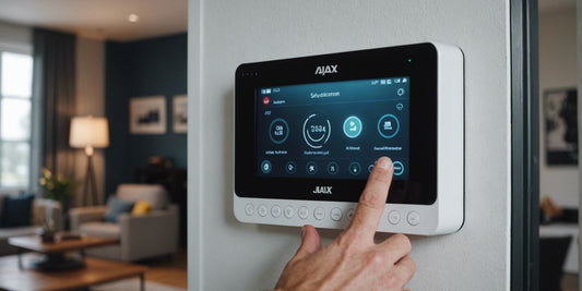Professional alarm engineer installing high-tech security system in a modern home with advanced tools and equipment.