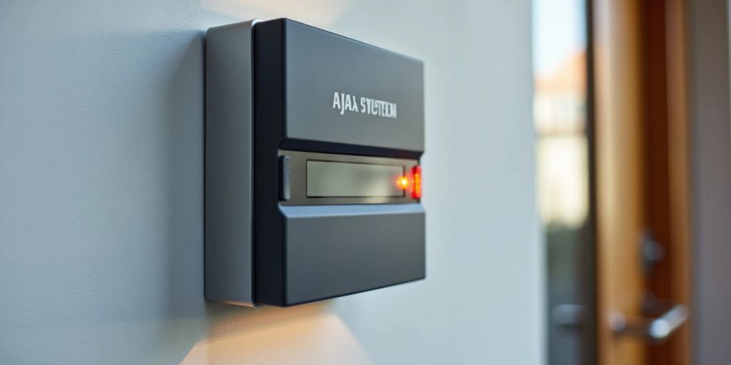Moderne Ajax Systems alarm op een muur.