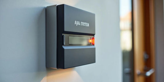 Moderne Ajax Systems alarm op een muur.