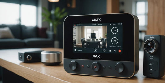Modern home with security cameras, alarms, and smart locks.