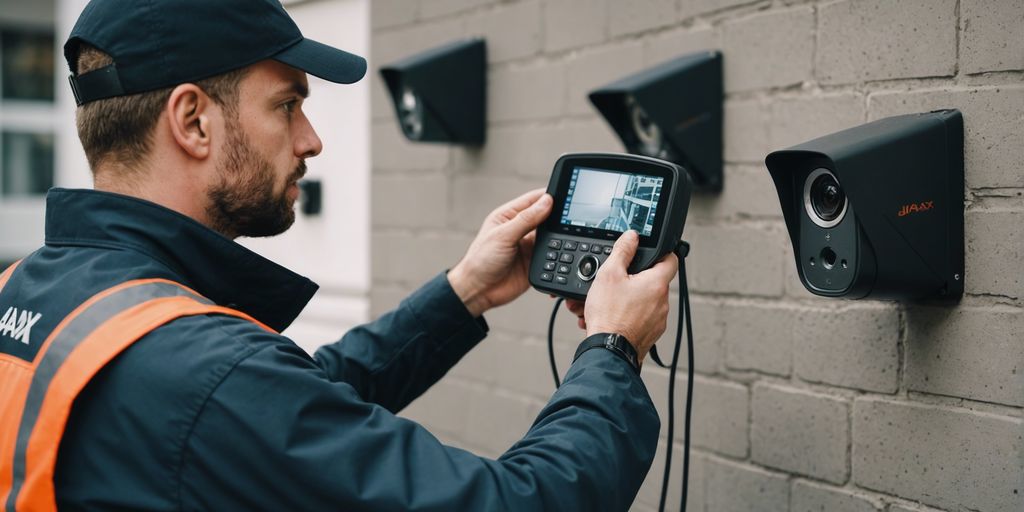 Technician installing a security camera on a wall, showcasing professional installation services for security systems.