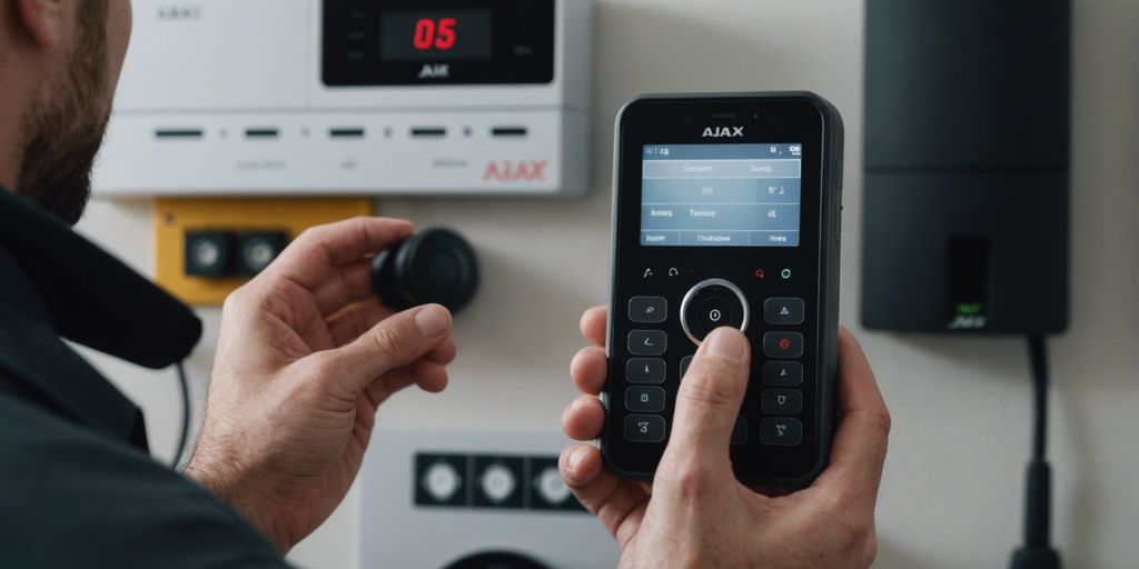 Technician installing a home security system with tools and equipment, ensuring professional setup and maintenance.