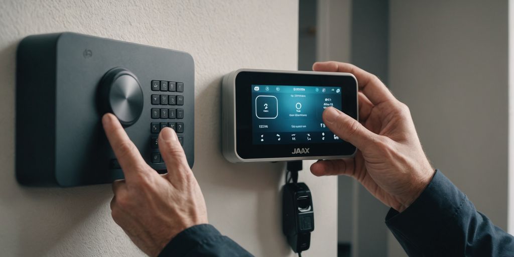 Professional installing home security system on a wall.