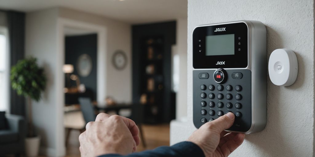 Technician setting up home security system on wall.